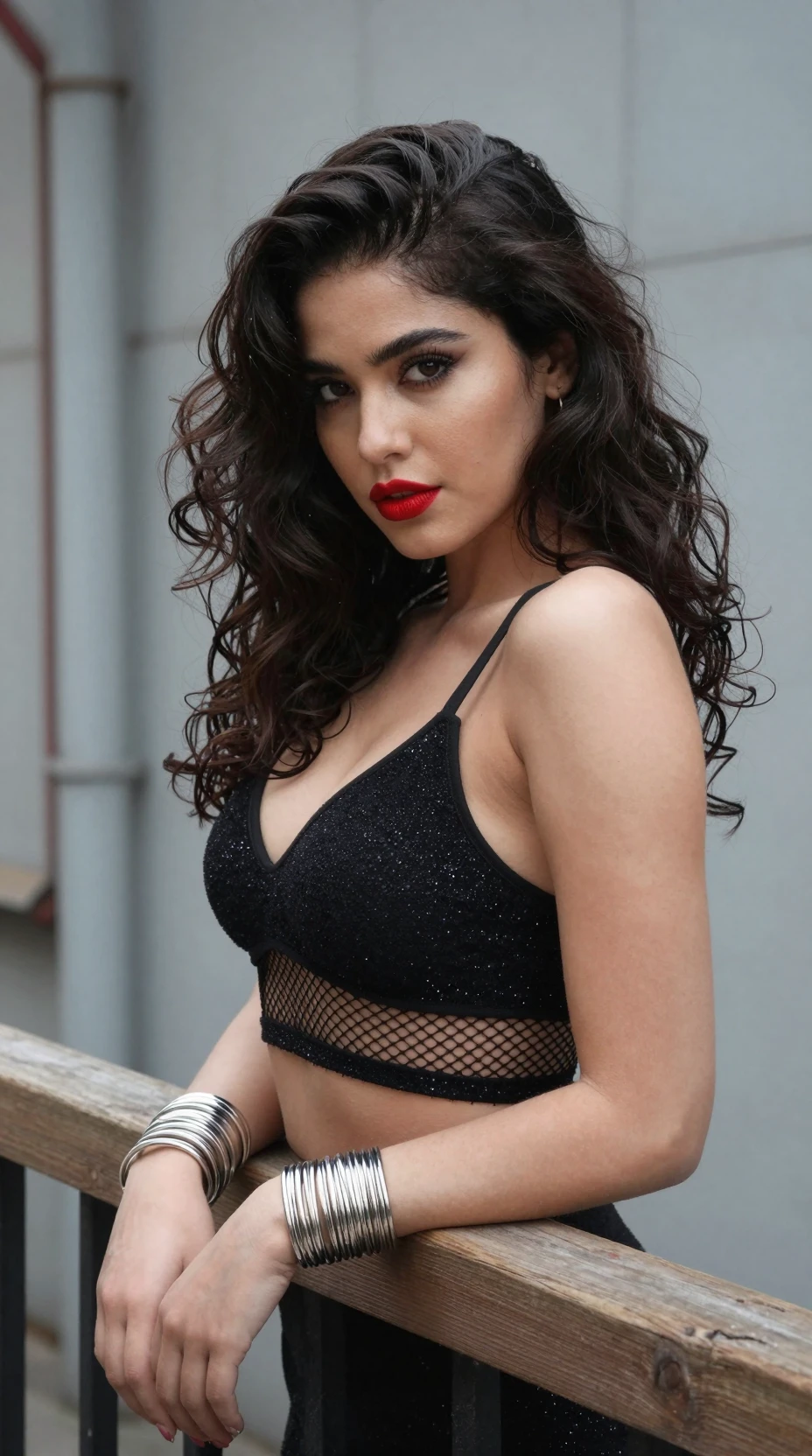 Confident woman in black crop top by industrial railing