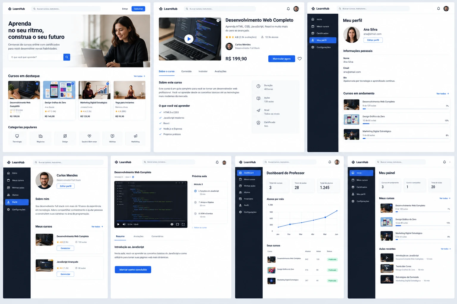 Interface de LMS limpa inspirada em plataformas populares de cursos online