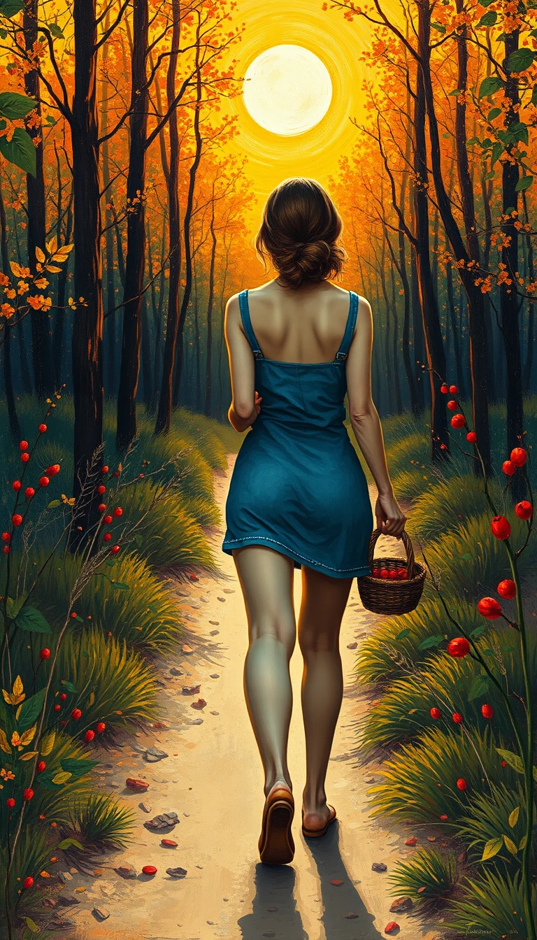 Mulher caminhando em trilha de areia na floresta com cesto de frutas vermelhas
