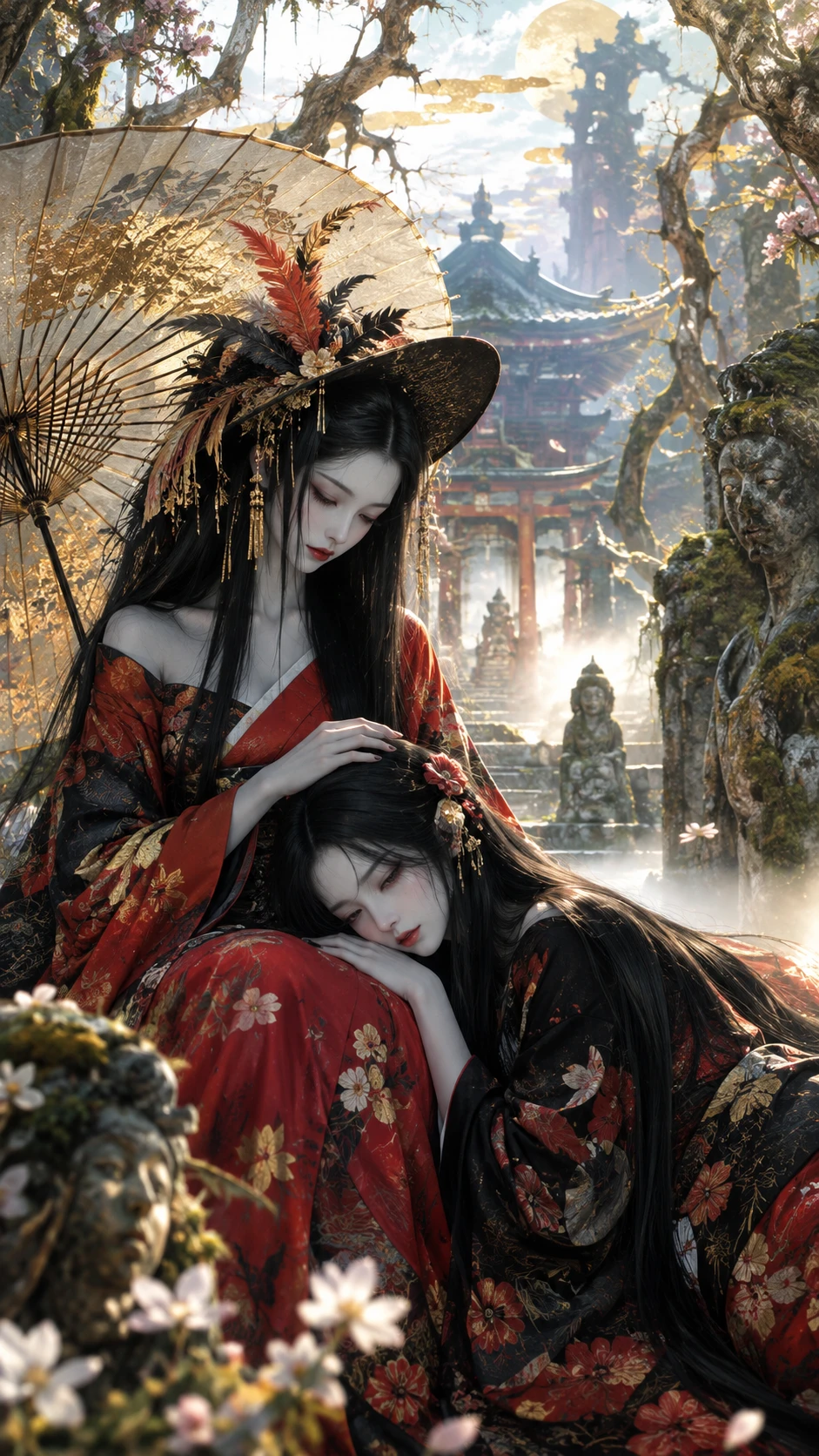 Mulheres japonesas fantasmagóricas de quimono em um templo assombrado