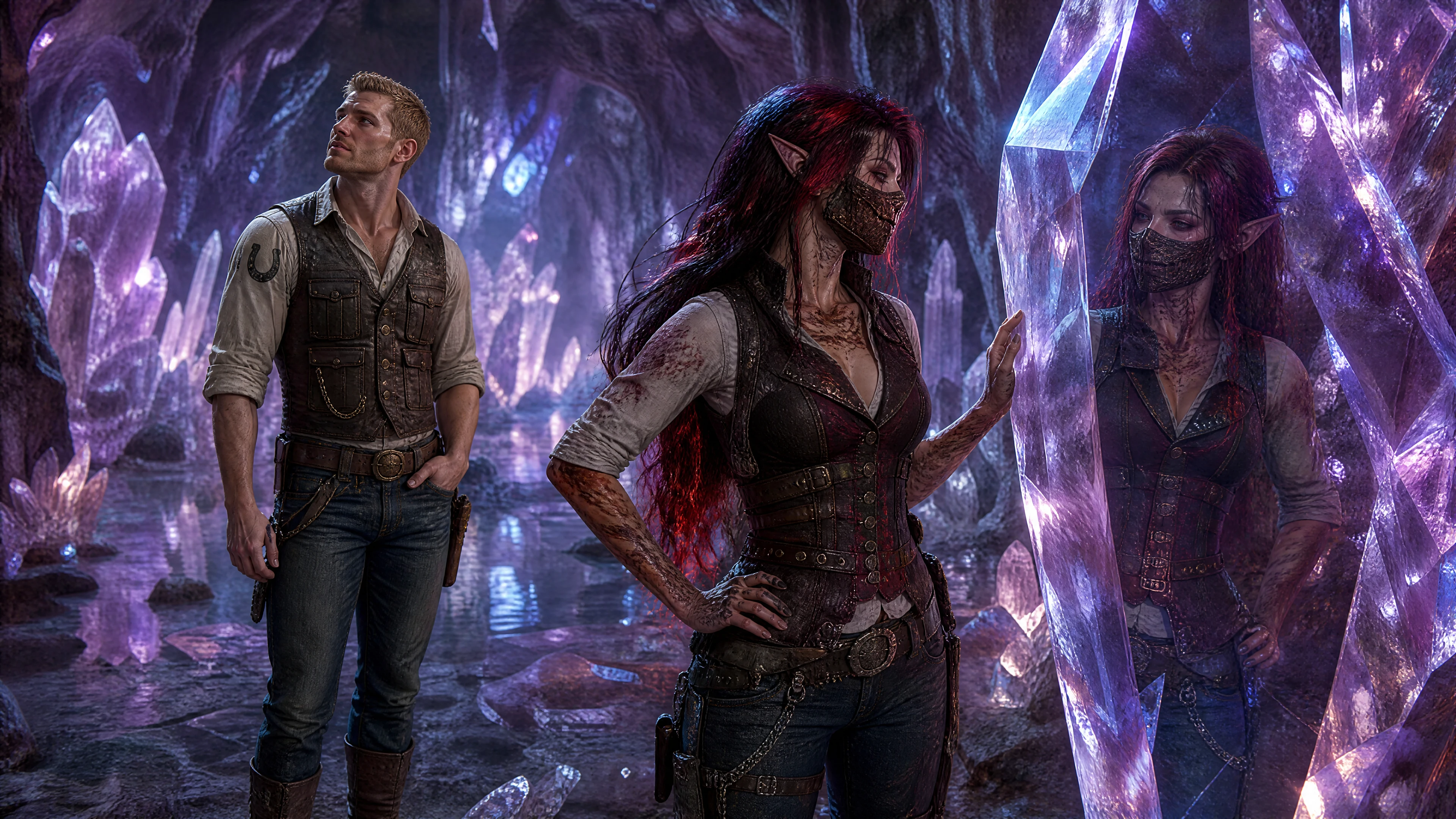 Fantasy-Paar erkundet gemeinsam eine leuchtende Kristallhöhle