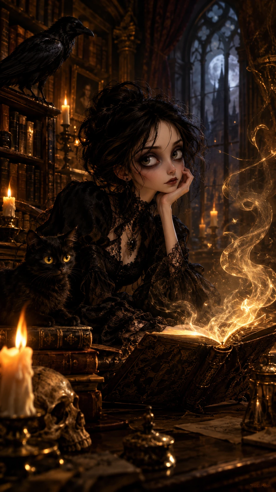 Garota de fantasia sombria em biblioteca gótica à luz de velas - pintura