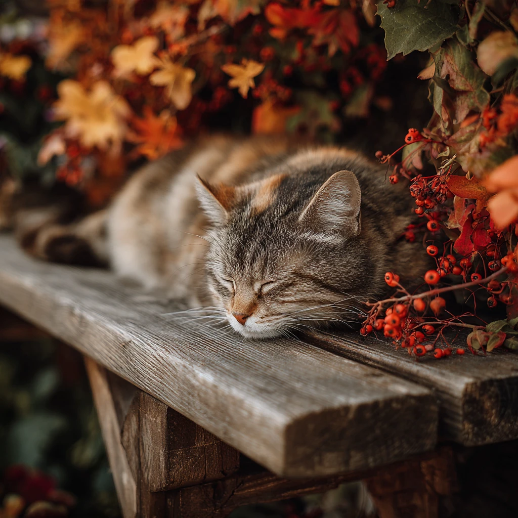 Gato listrado dormindo em um aconchegante banco de jardim de madeira no outono