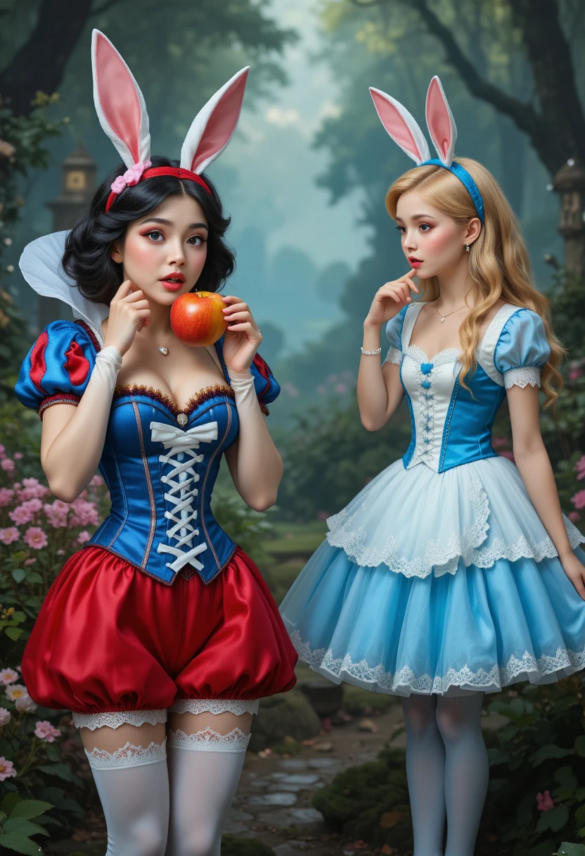 Branca de Neve mordendo uma maçã mágica em cosplay de orelhas de coelho