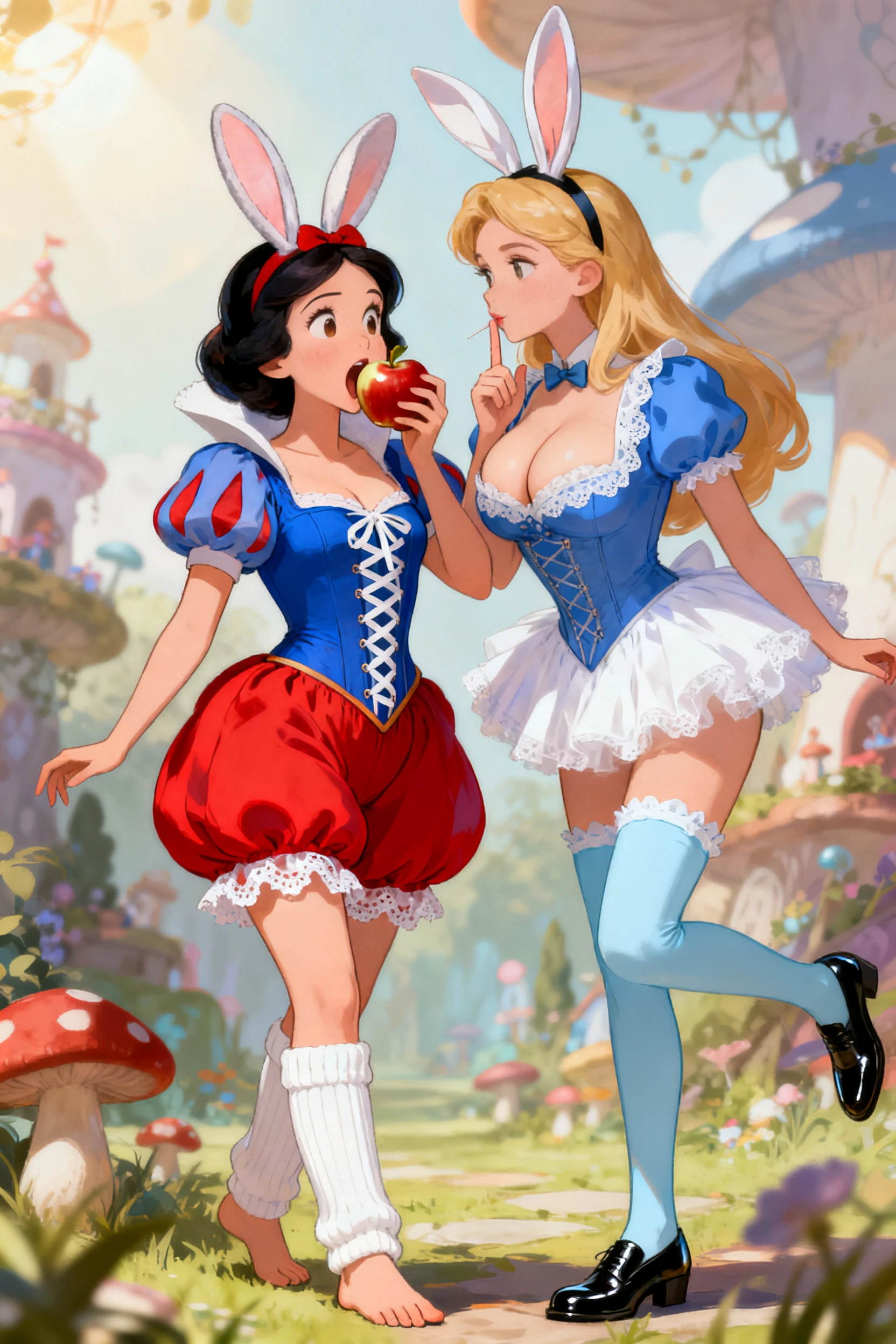 Branca de Neve mordendo uma maçã tentadora em um mundo de fantasia