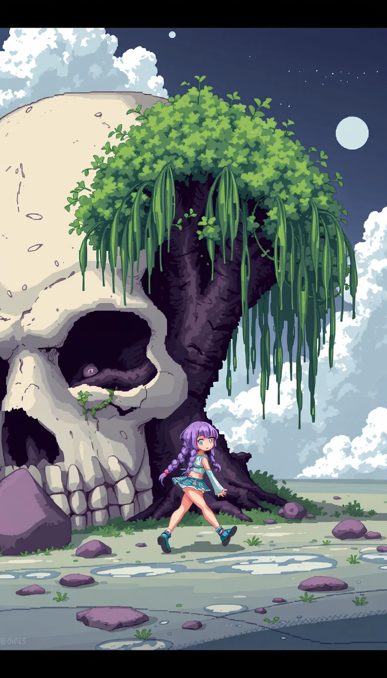 Garota em pixel art caminhando ao lado de uma árvore caveira gigante