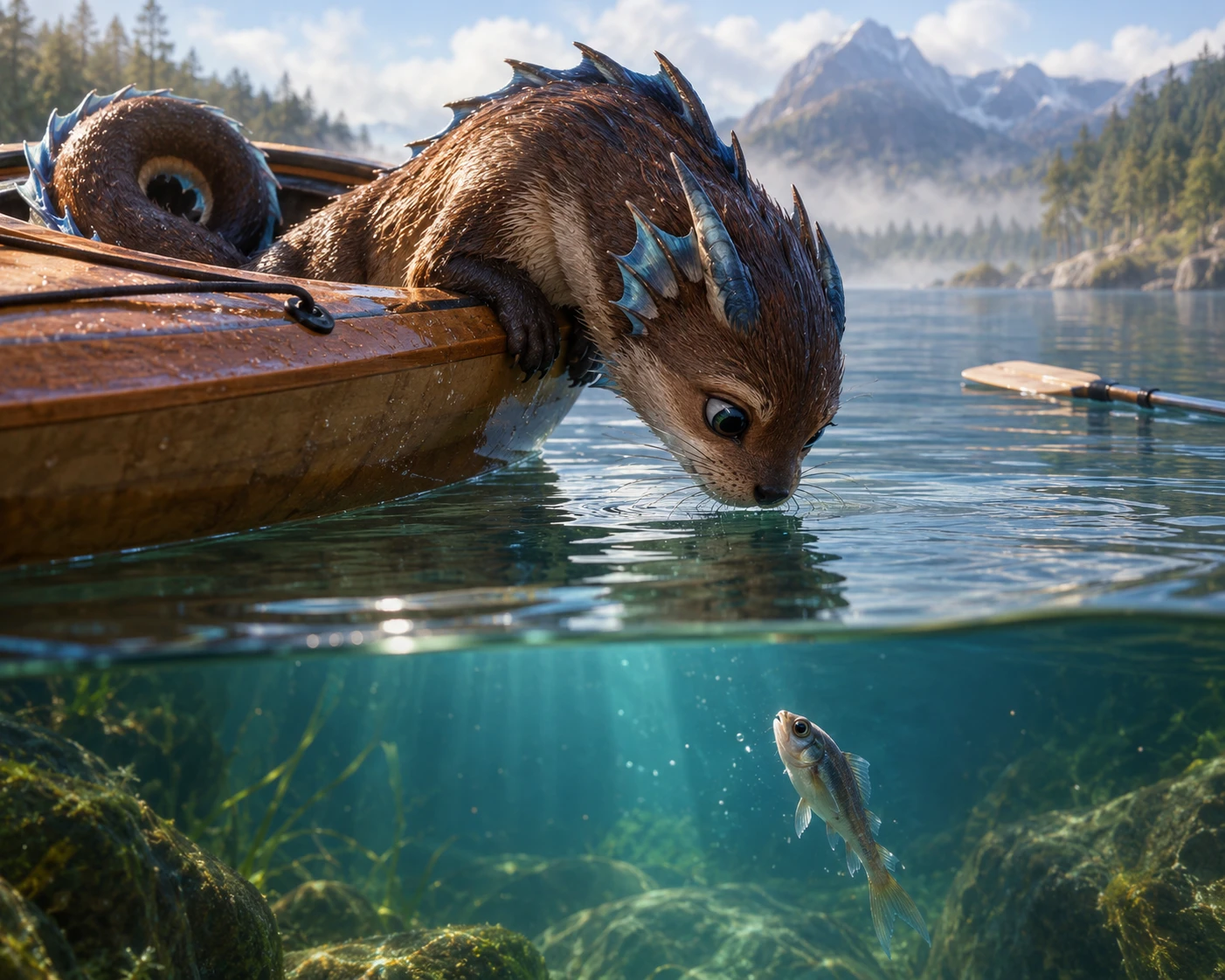 Anthropomorphes Wesen beugt sich aus einem Kajak über ruhiges Wasser