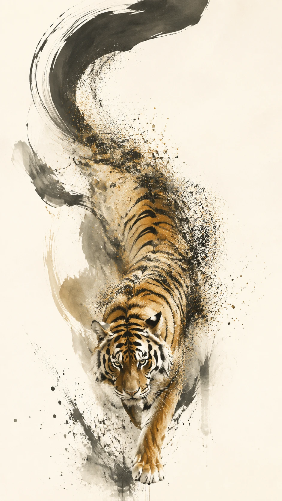 Tiger im schwungvollen kalligrafischen Bogen vor elfenbeinfarbenem Negativraum