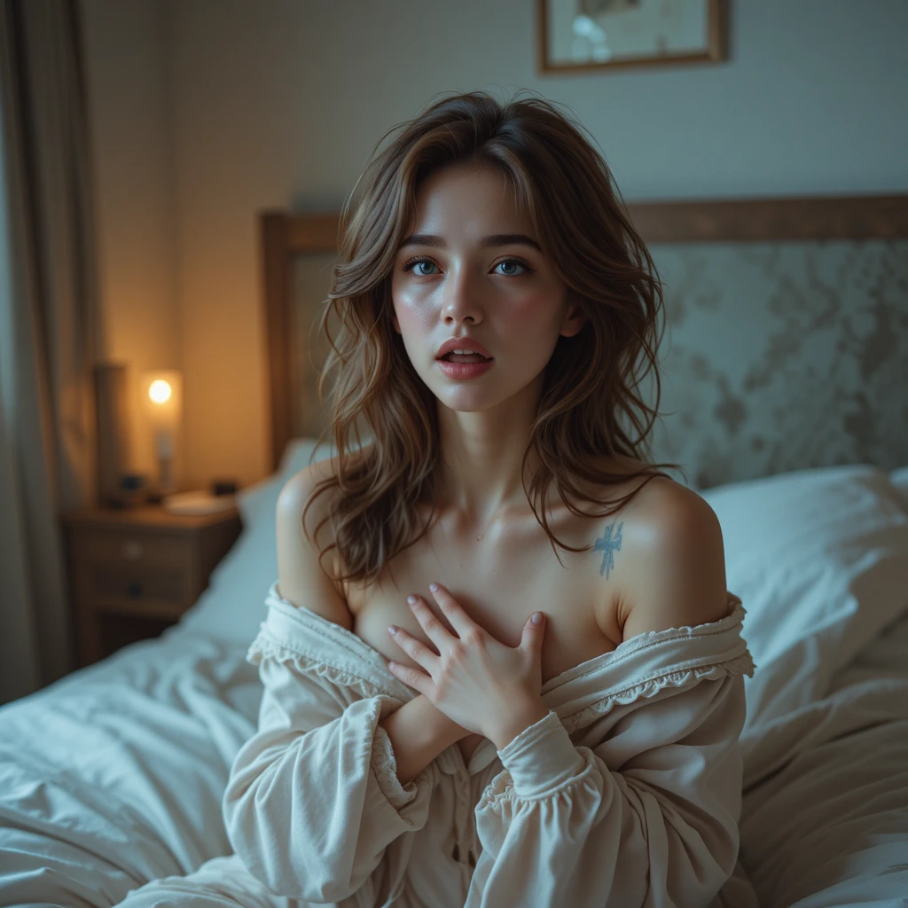 부드러운 아침 햇살 속 침대 위 졸린 애니메이션 여자
