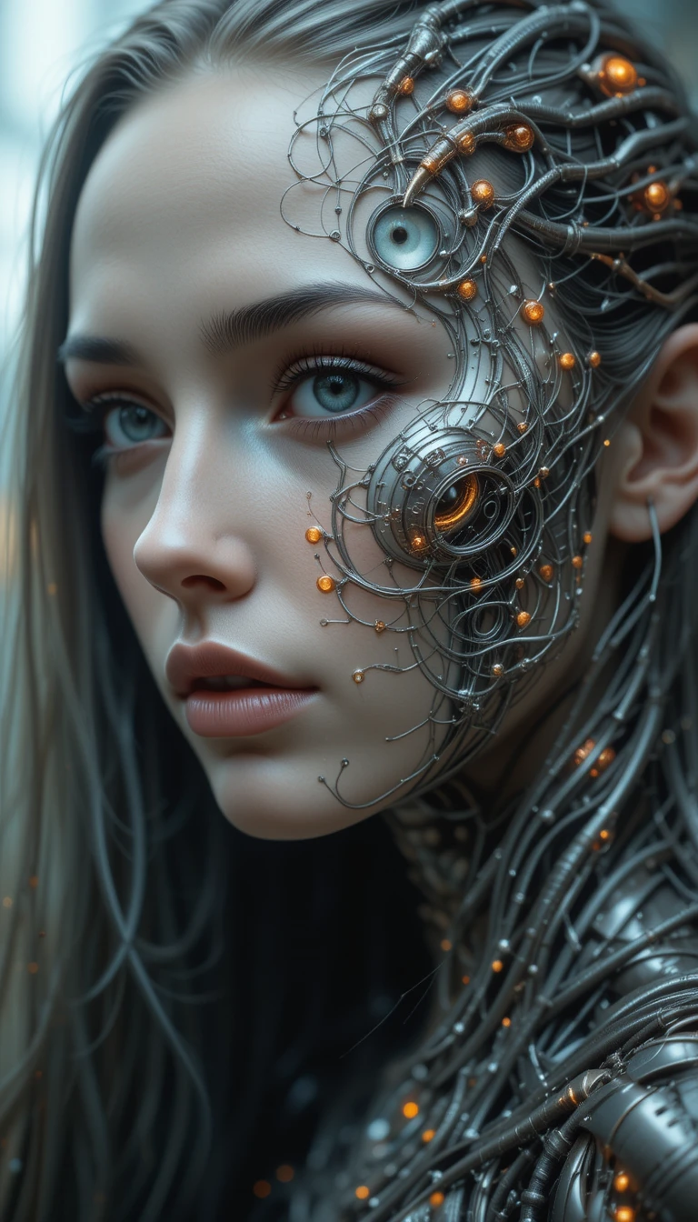 Mulher surreal se fundindo com rosto de criatura biomecânica