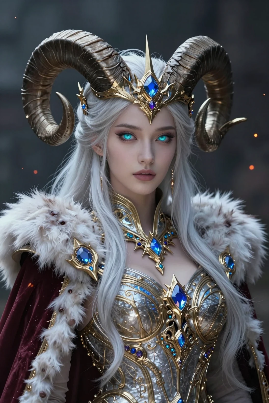 Reina guerrera majestuosa con cuernos en armadura fantástica ornamentada