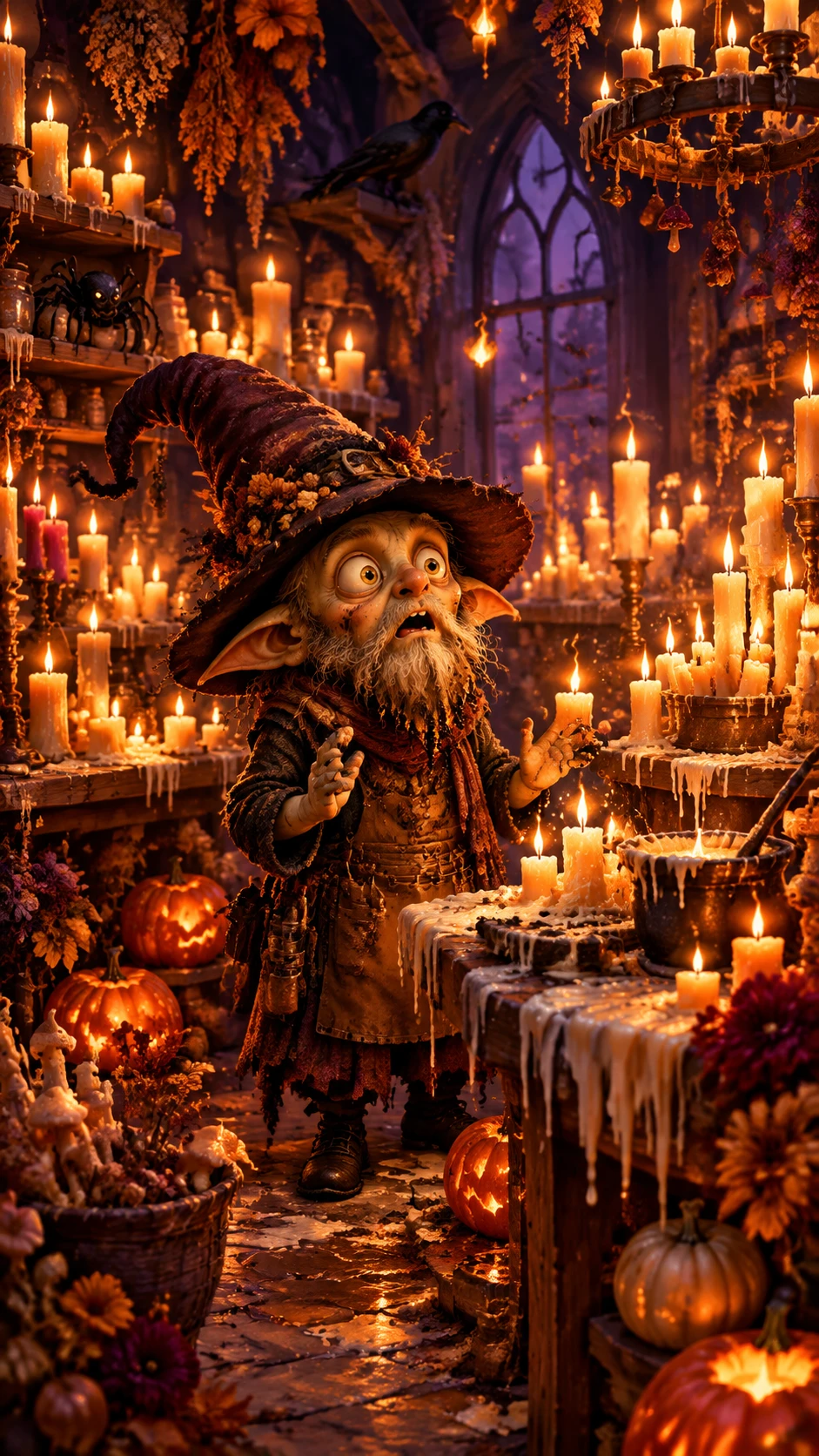 Goblin fabricante de velas em uma oficina outonal luminosa