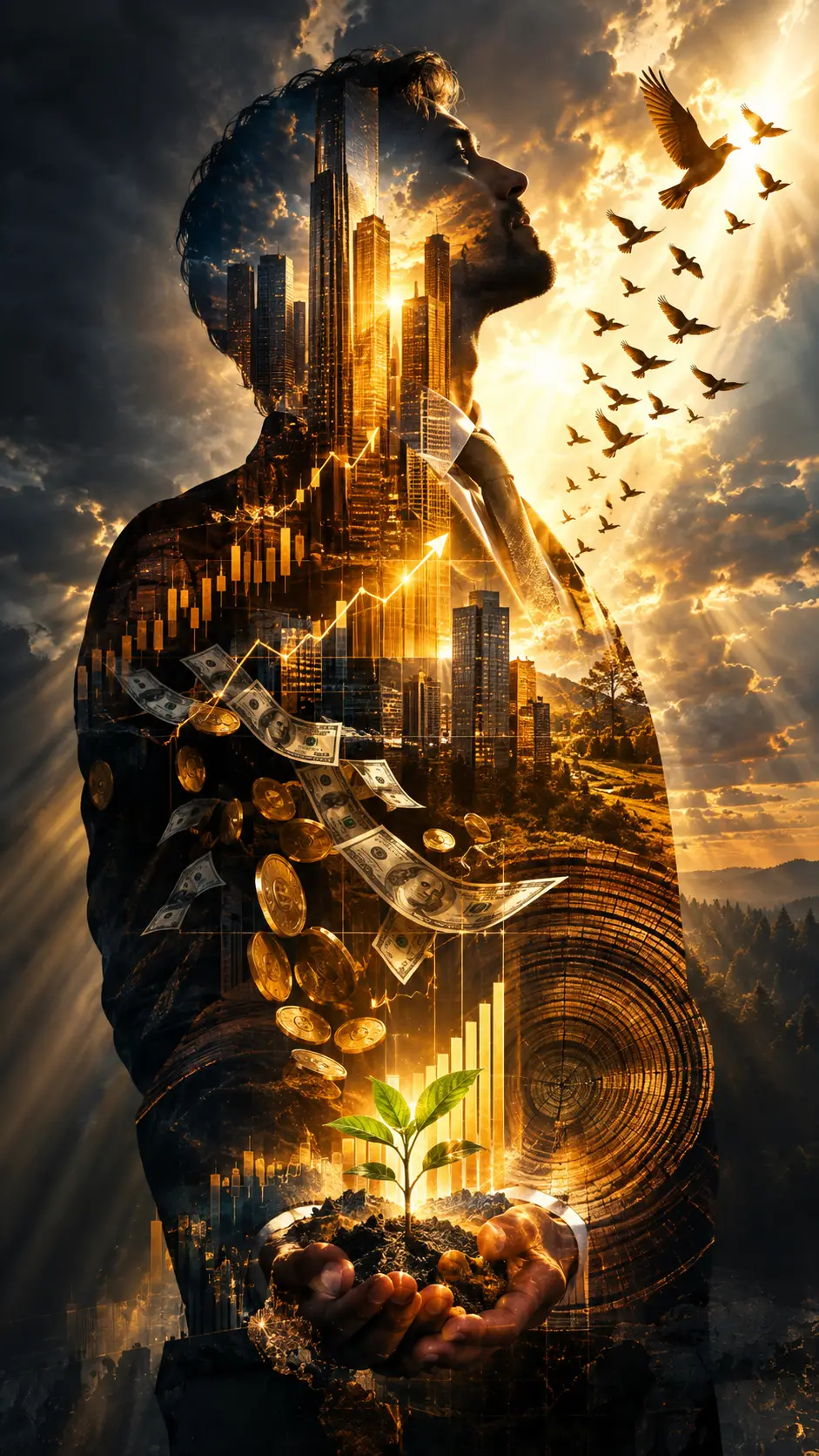 Doppelbelichtung einer Business-Silhouette mit goldenen Wolkenkratzern