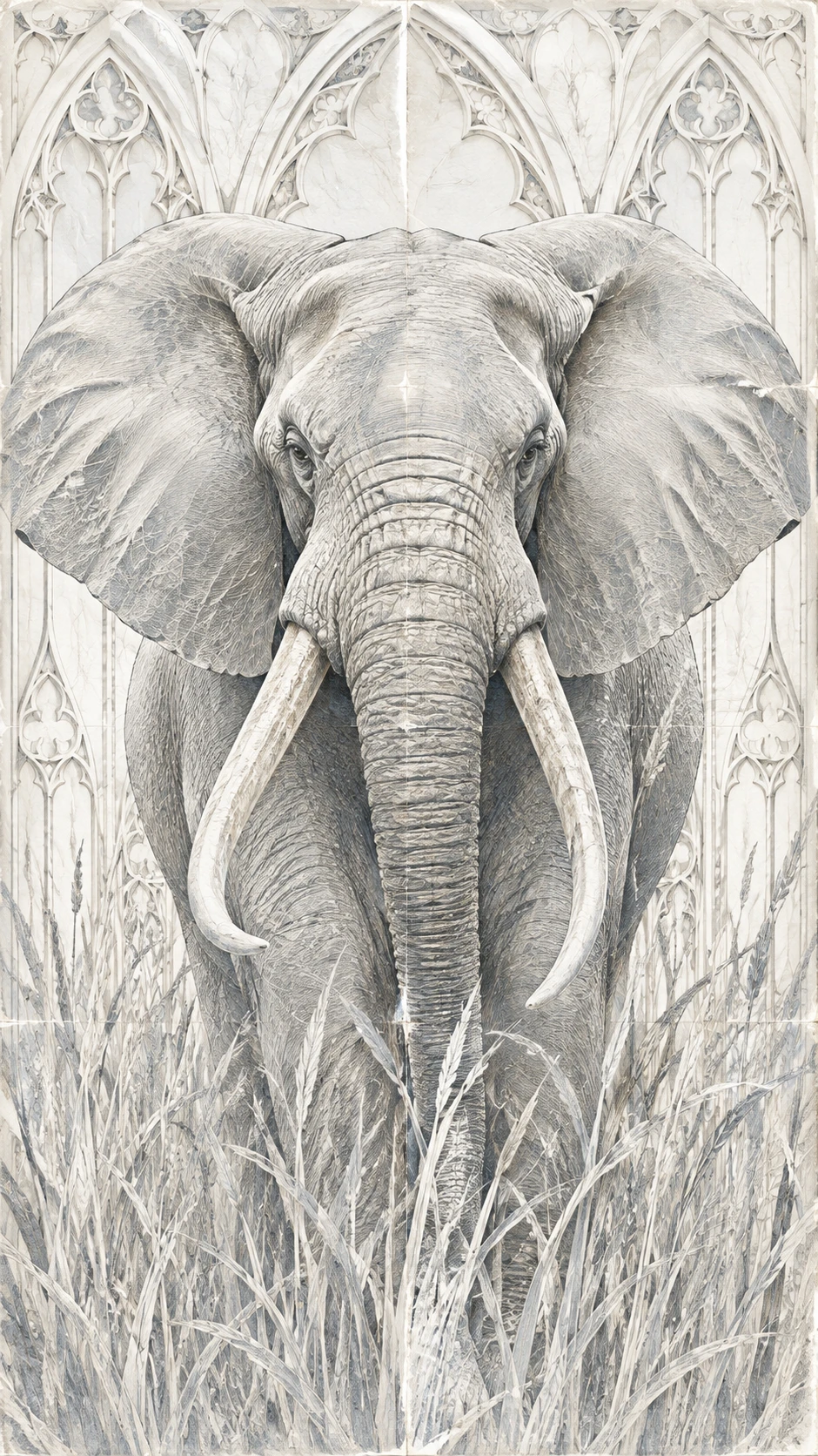 Elefante africano macho na relva alta em planície aberta