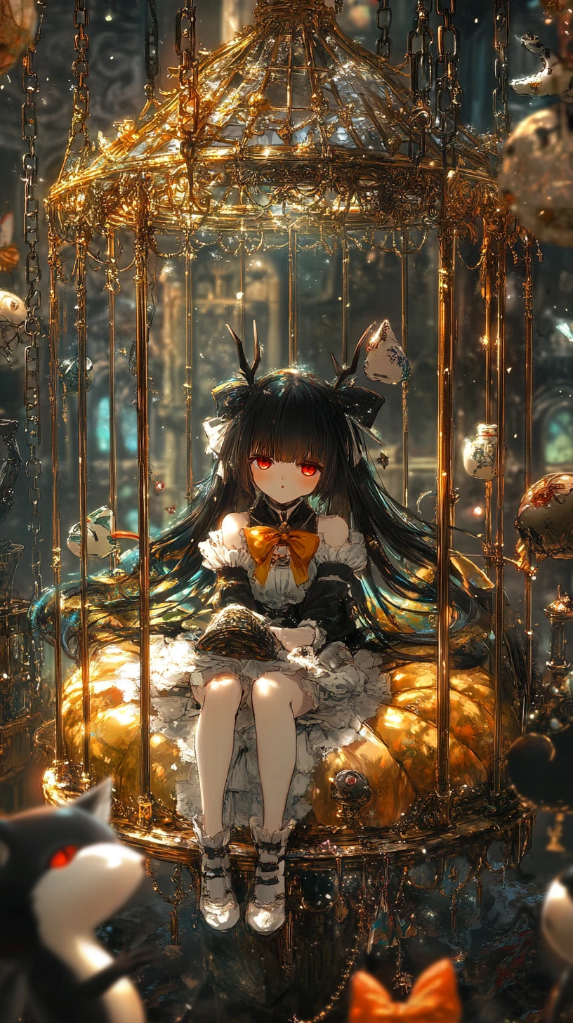 Garota de anime cantando dentro de uma gaiola dourada de almofadas