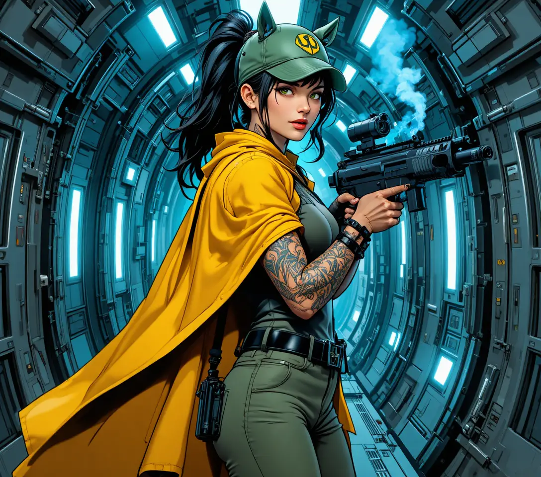 Selbstbewusste Sci-Fi-Frau mit Gewehr im Raumschiffkorridor