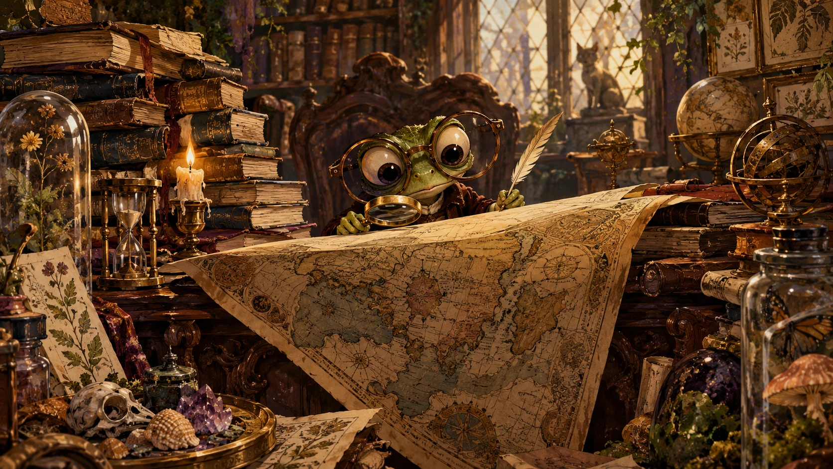 Tiny frog scholar at a grand antique writing desk