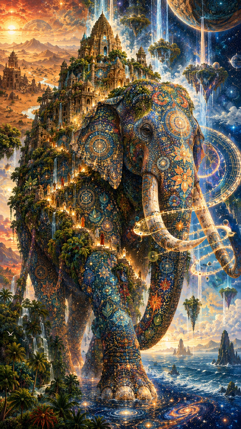 Elefante sagrado colossal cruzando um mundo elemental surreal