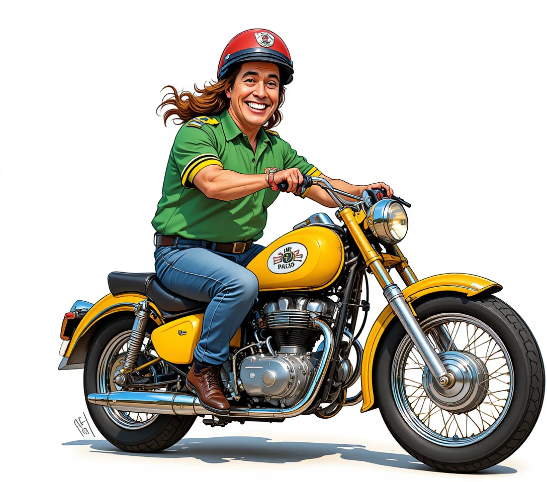 Homem alegre pilotando uma moto amarela vintage em estilo de quadrinhos