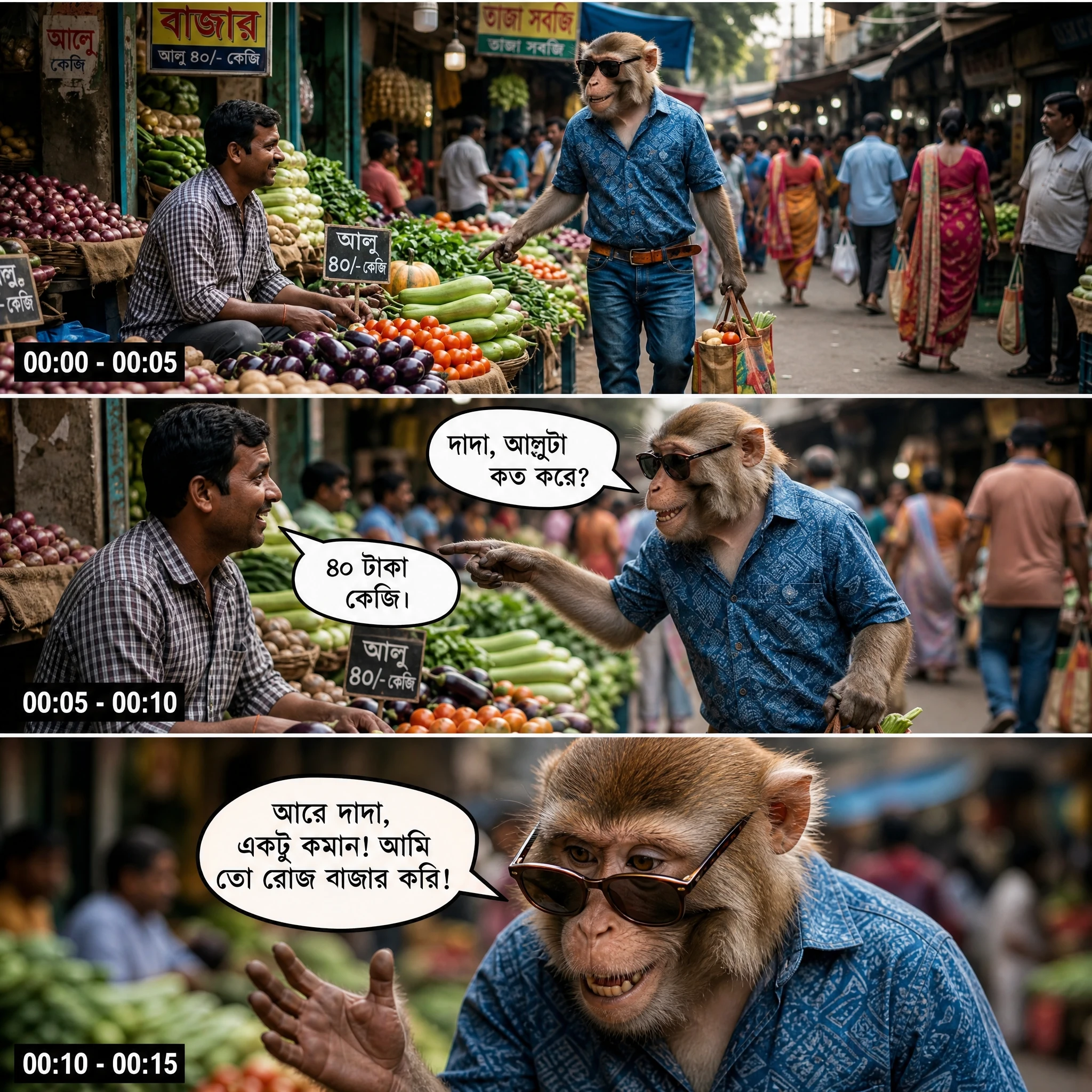 Affe mit Sonnenbrille läuft durch belebten indischen Gemüsemarkt