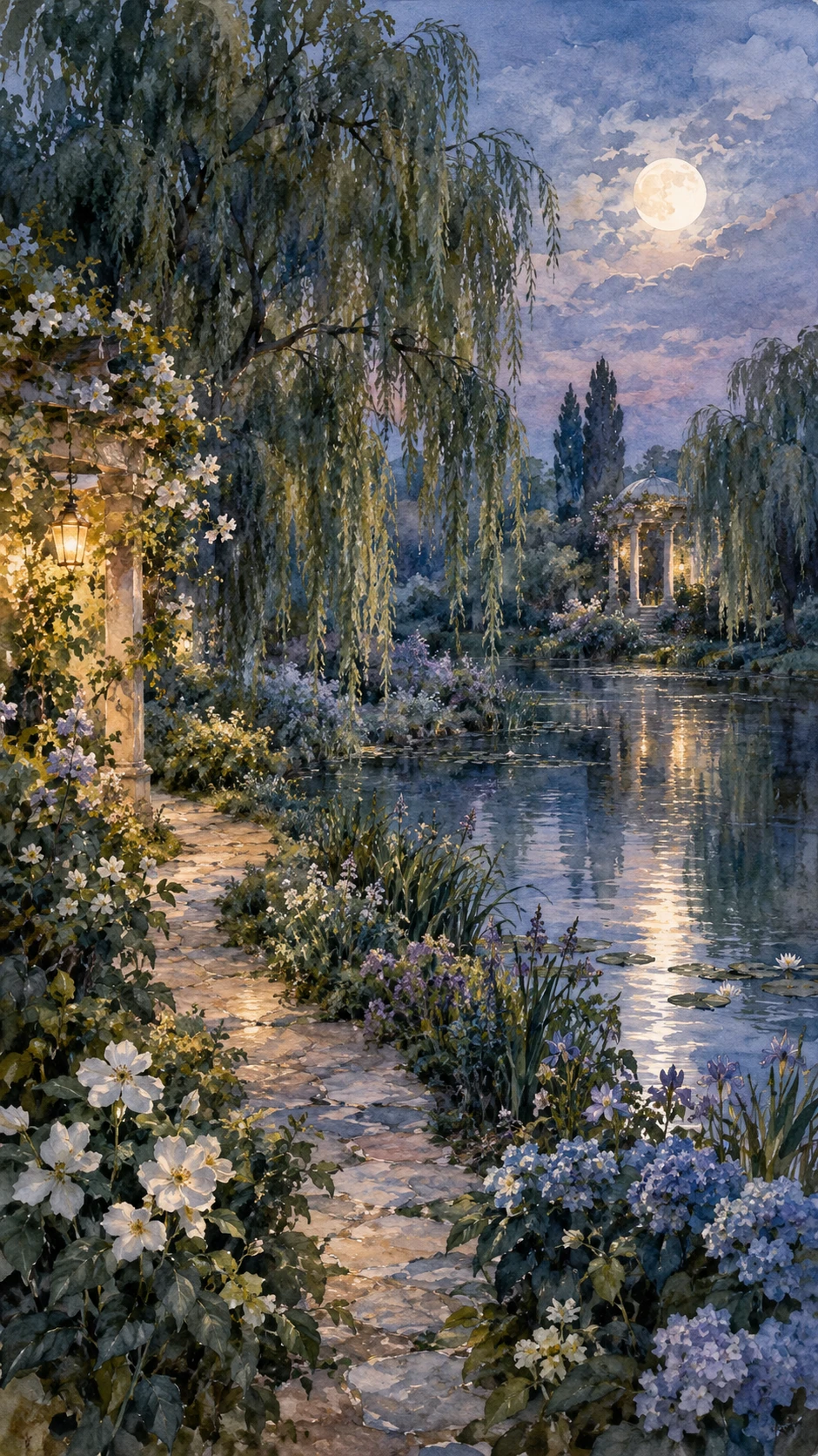 Jardim Romântico em Aquarela com Caminho ao Luar e Lago