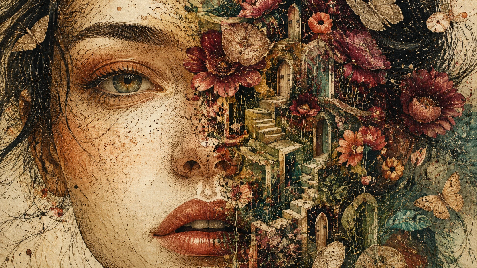 Close-up surreal de uma mulher se abrindo para um jardim secreto
