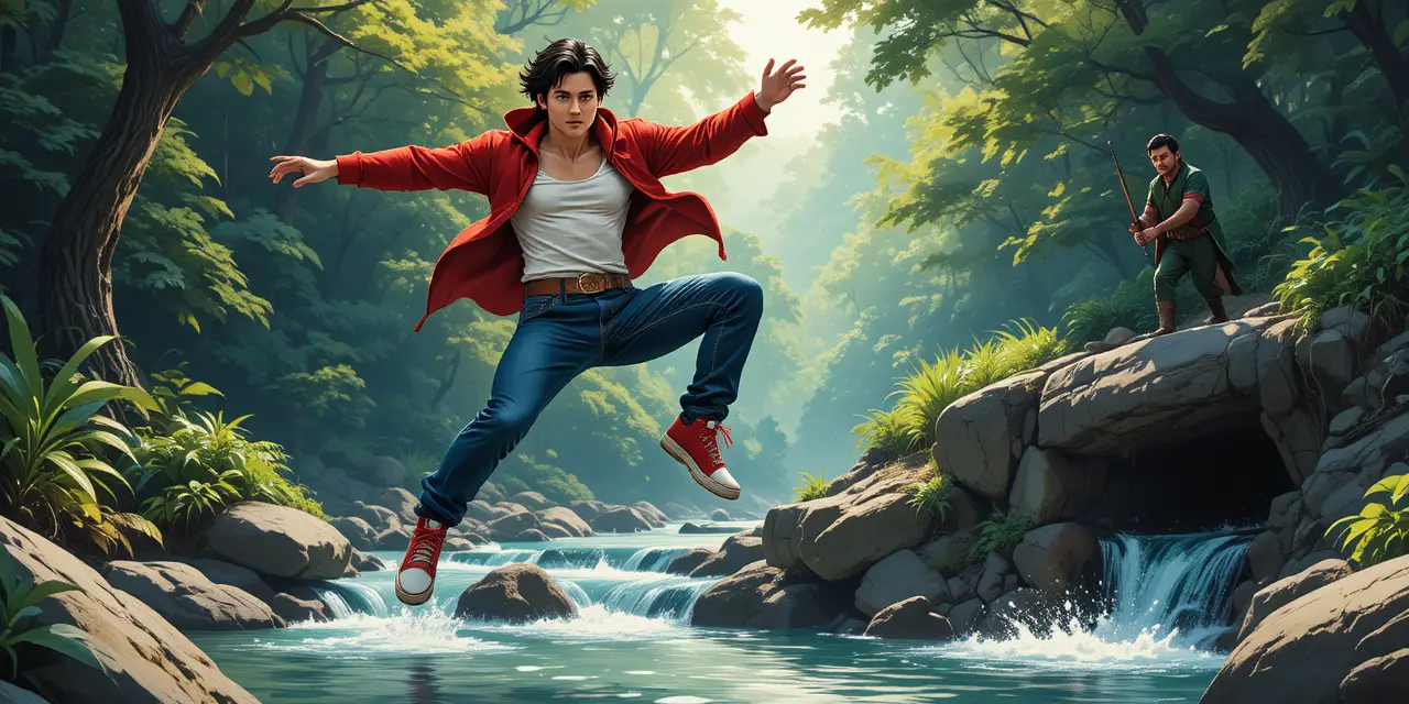 Junger Mann springt über felsigen Fluss im Comic-Wald