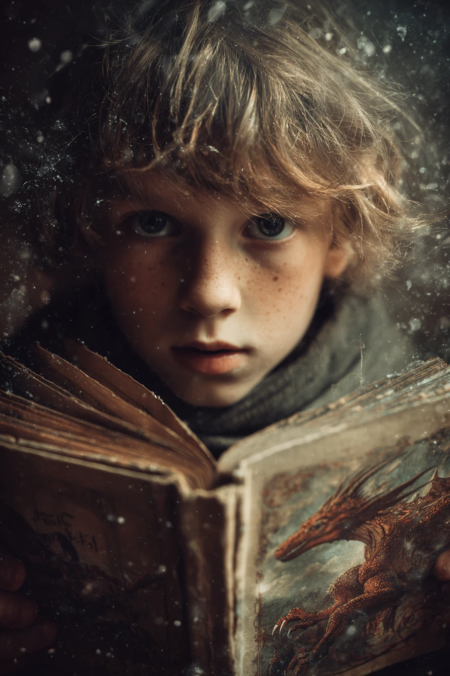 Junger Junge, der endlose Geschichtenwelten aus Büchern entstehen sieht