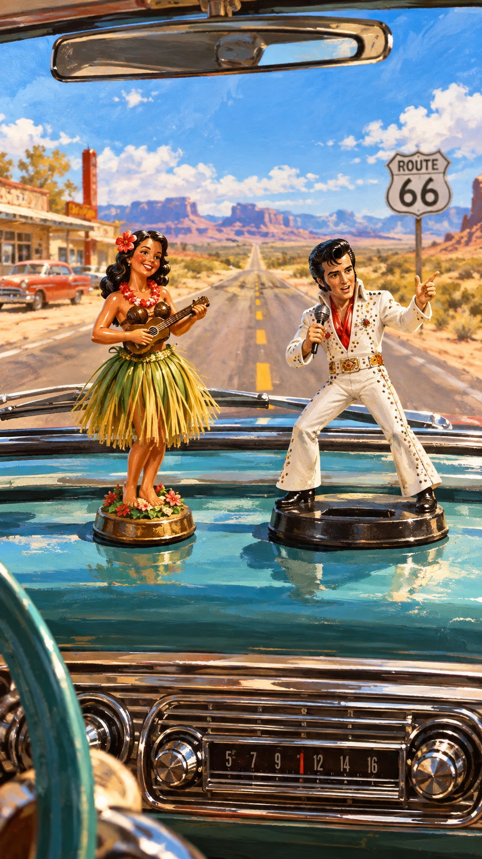 Figuras danzantes en el salpicadero de un coche clásico en la Ruta 66