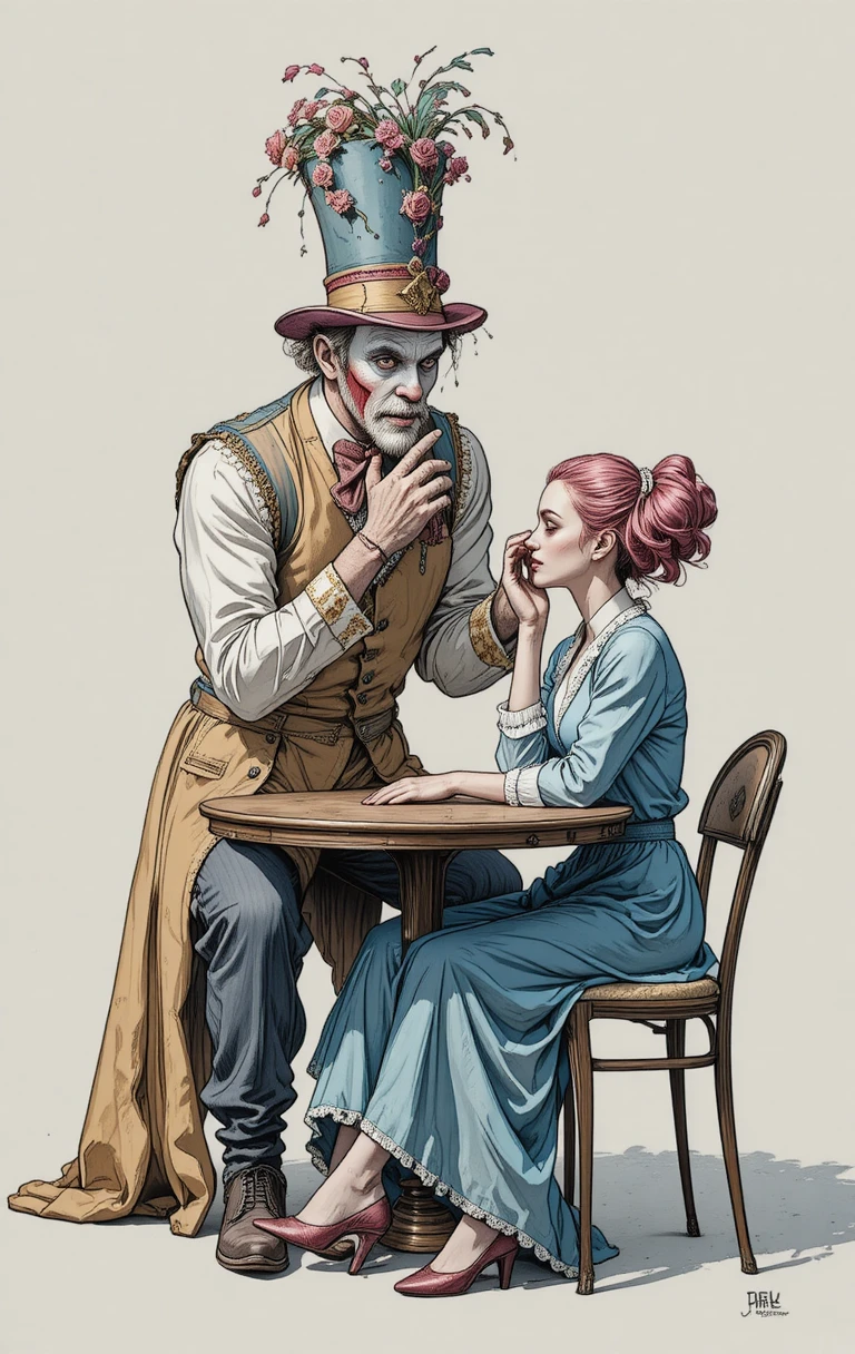 Vecchio clown severo che affronta una giovane donna angosciata