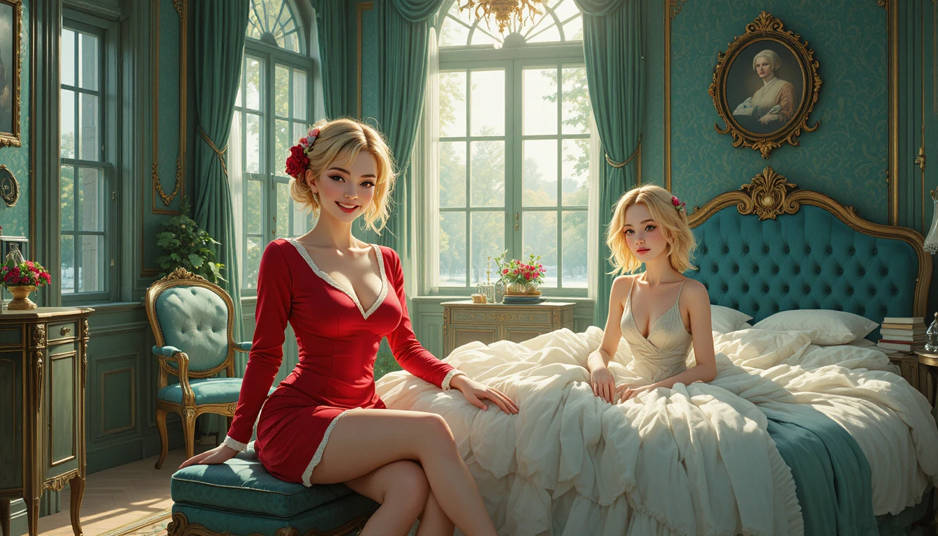 Duas mulheres de anime em um quarto vintage festivo