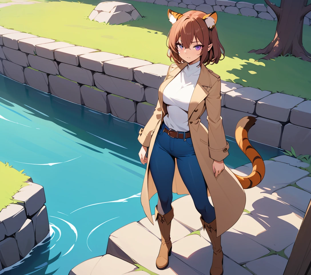 Mysterious tigress woman standing by a rustic stone bridge