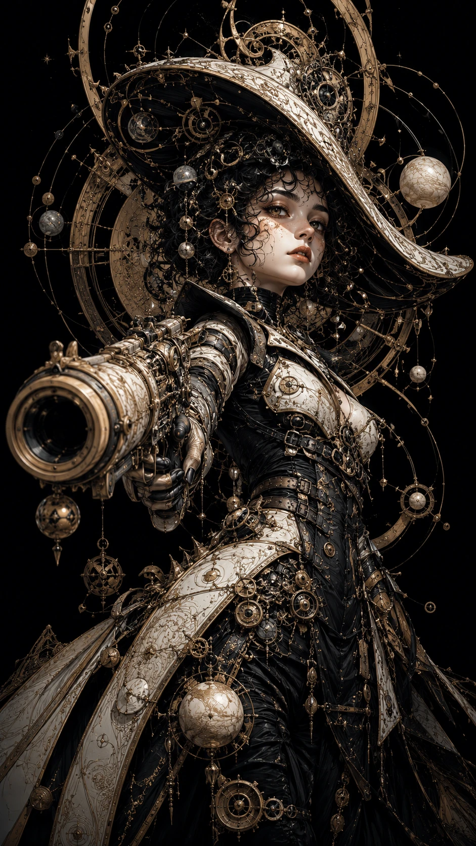 Garota pistoleira celeste steampunk com canhão de mão ornamentado