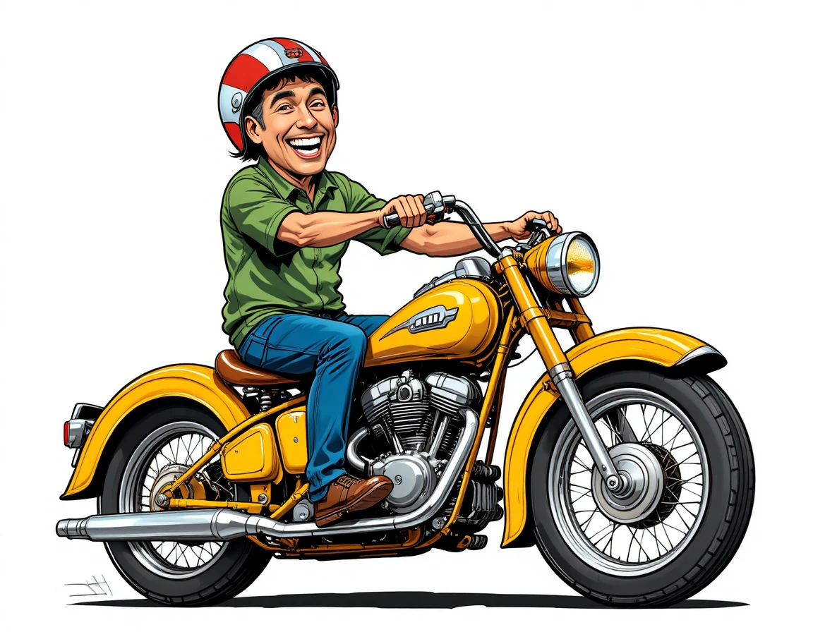 Ilustração de homem alegre pilotando moto amarela vintage