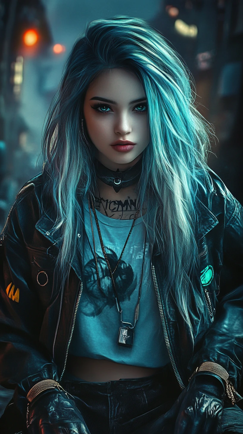 Ragazza anime in abito futuristico con dettagli al neon