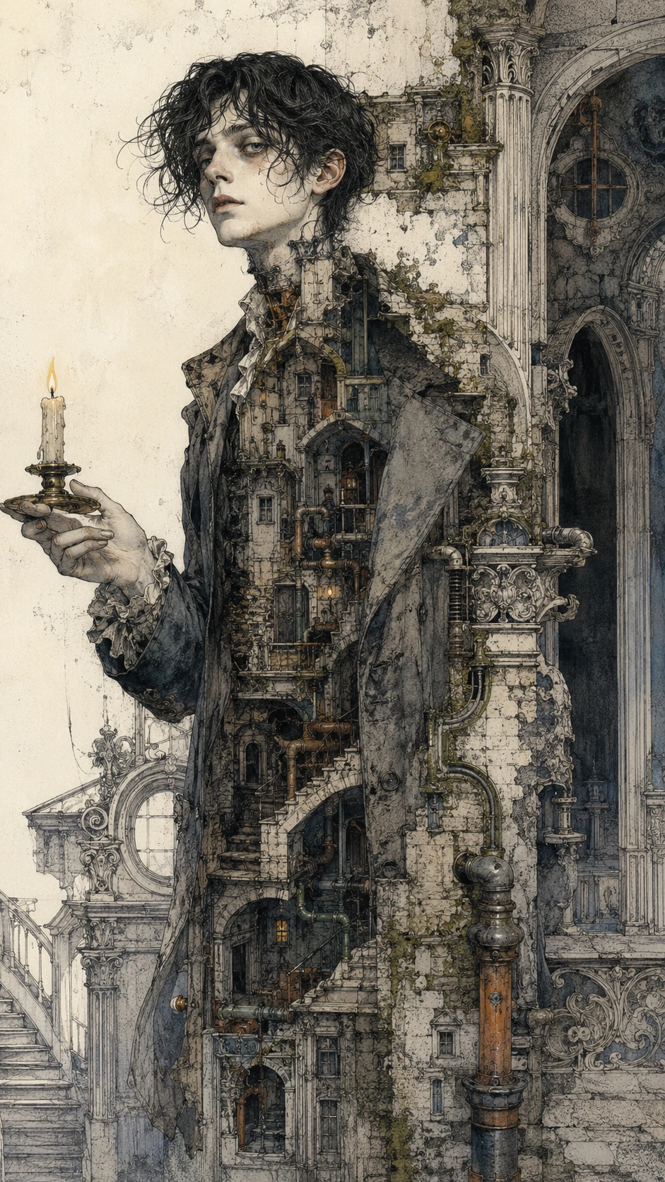 Surreal Gothic Man Emerging From Ornate Mansion Wall