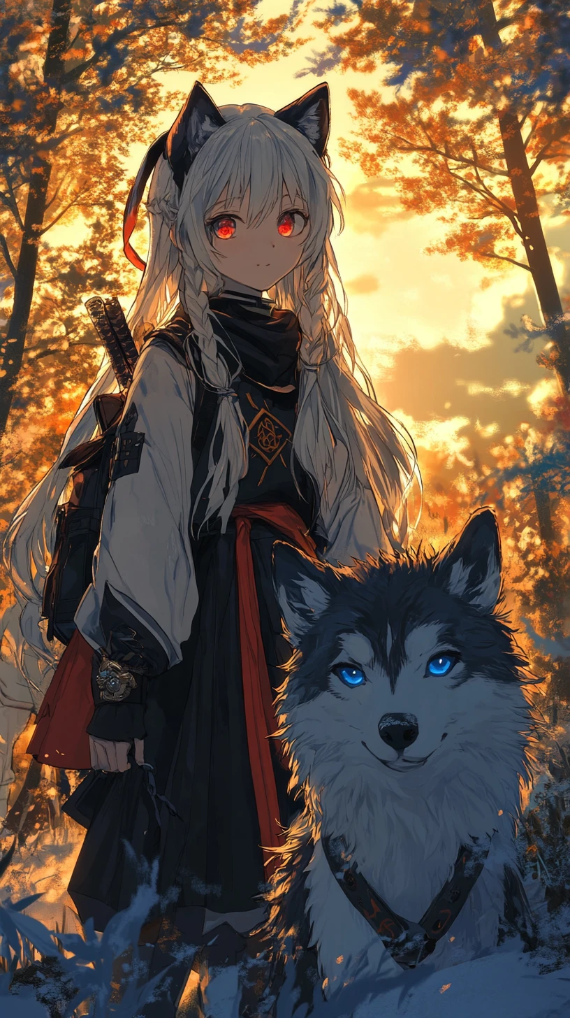 Lobo negro ameaçador em uma floresta dourada de fantasia luminosa