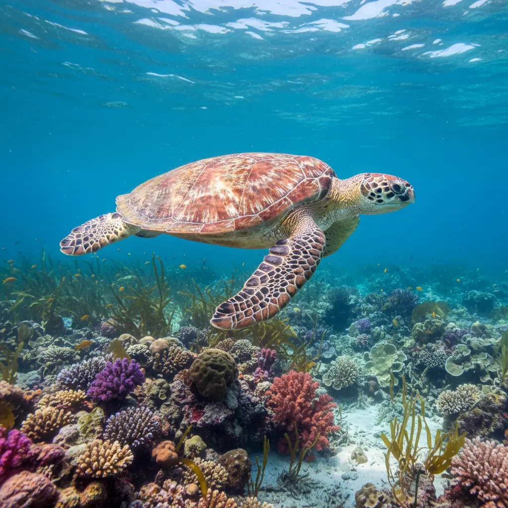 Majestueuse tortue de mer glissant dans l’océan bleu et limpide