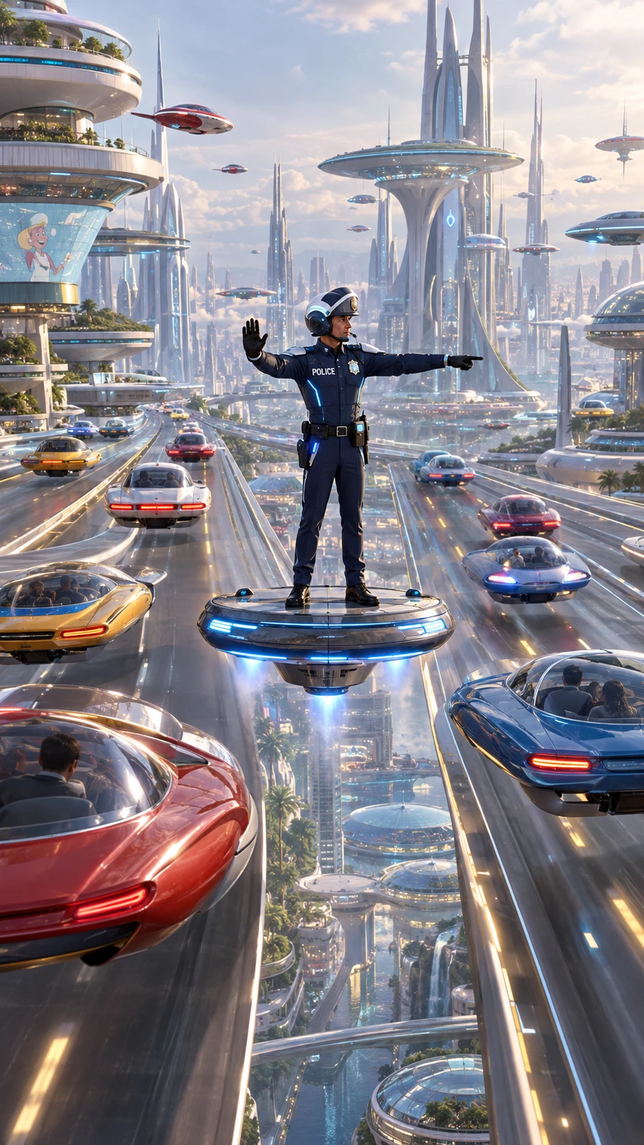 Policier futuriste dirigeant la circulation au-dessus d’autoroutes aériennes