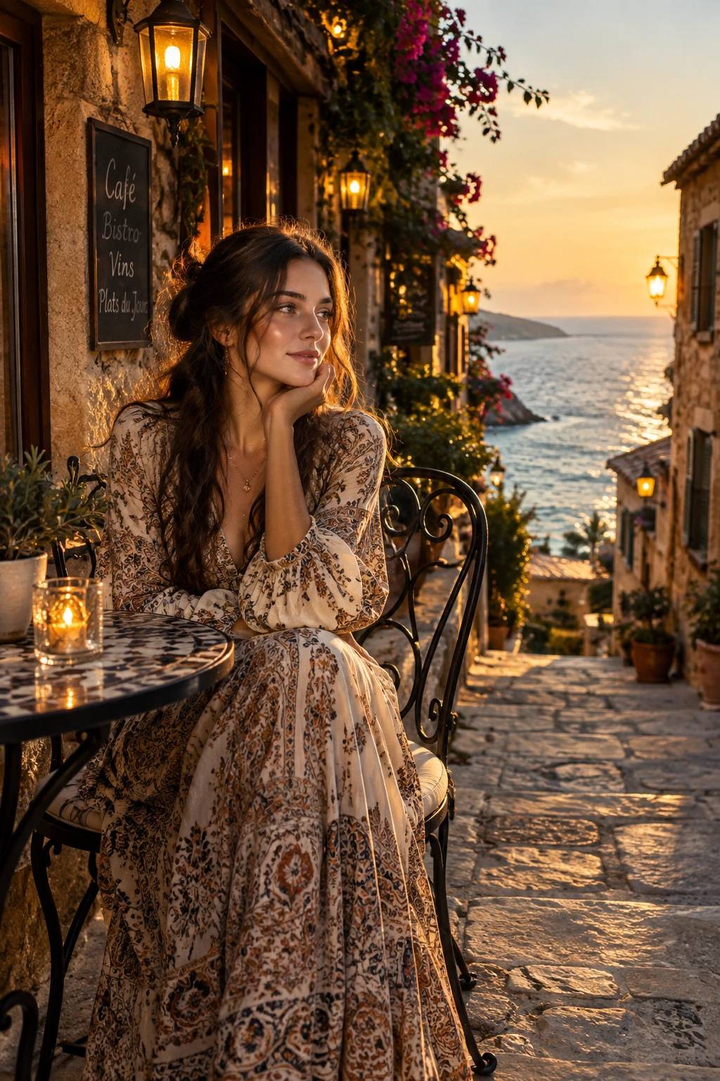 Jeune femme en robe bohème dans une rue méditerranéenne baignée de soleil