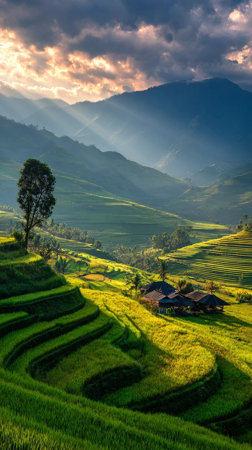 Sunlit rice terraces with huts in misty mountain valley