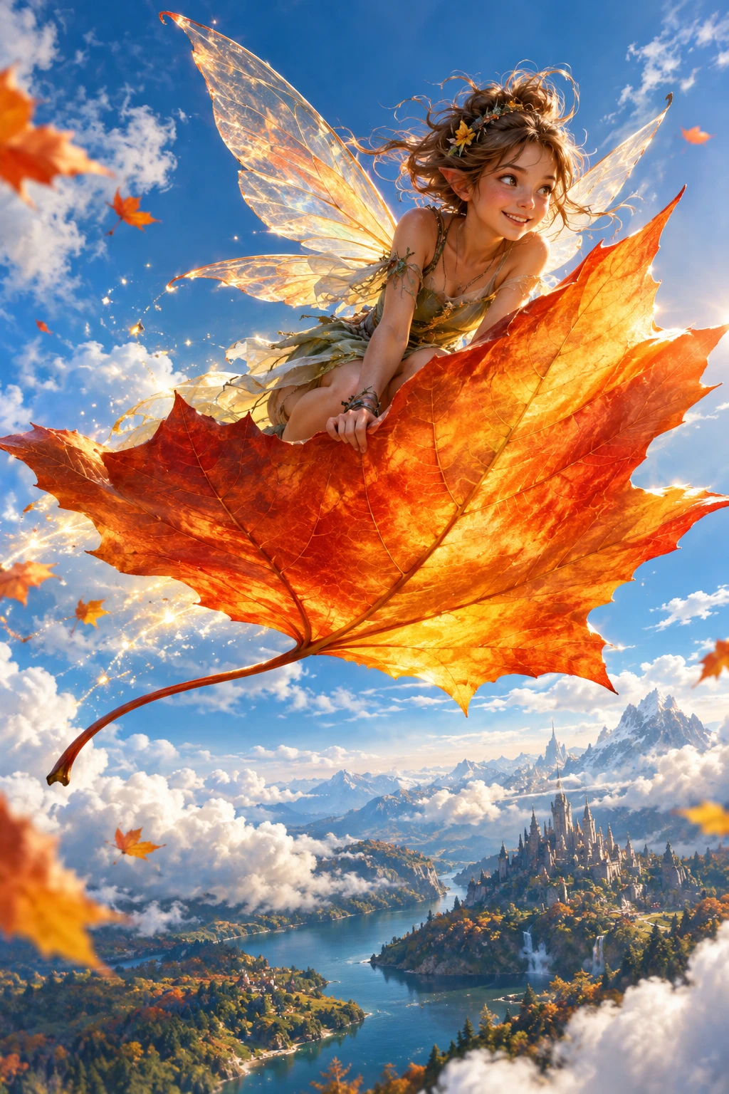 Playful fairy riding a glowing maple leaf through sky
