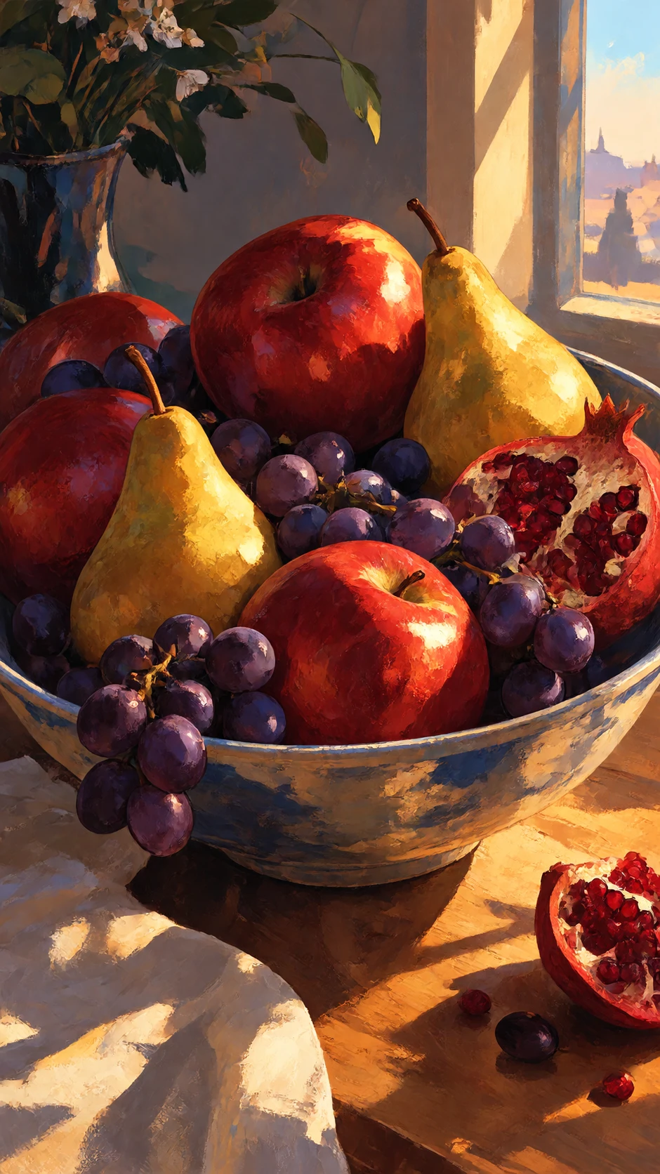 Tableau d’un bol de fruits au soleil sur une table en bois