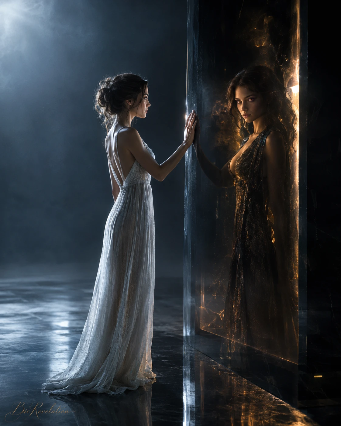 Mulher Diante de Portal de Obsidiana Senciente em Quadro Cinematográfico Amplo
