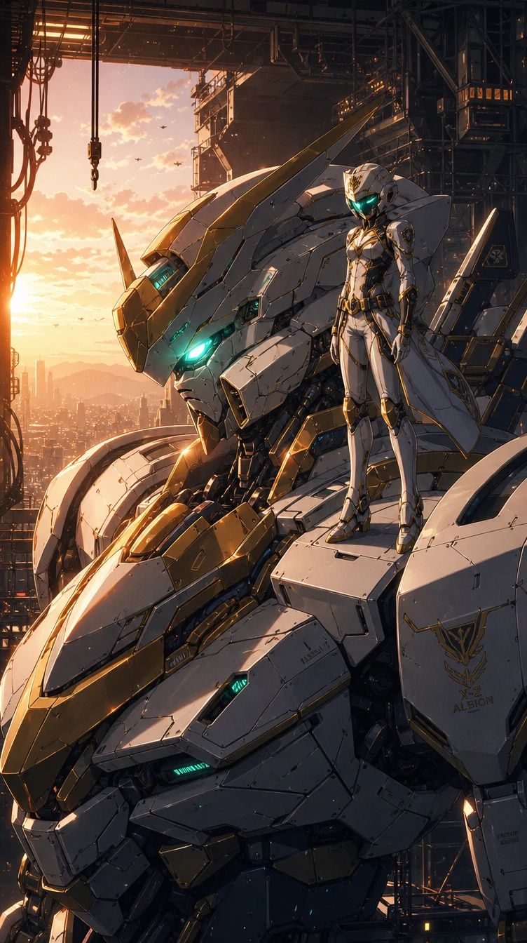 Piloto de mecha de anime em pé sobre robô gigante no hangar