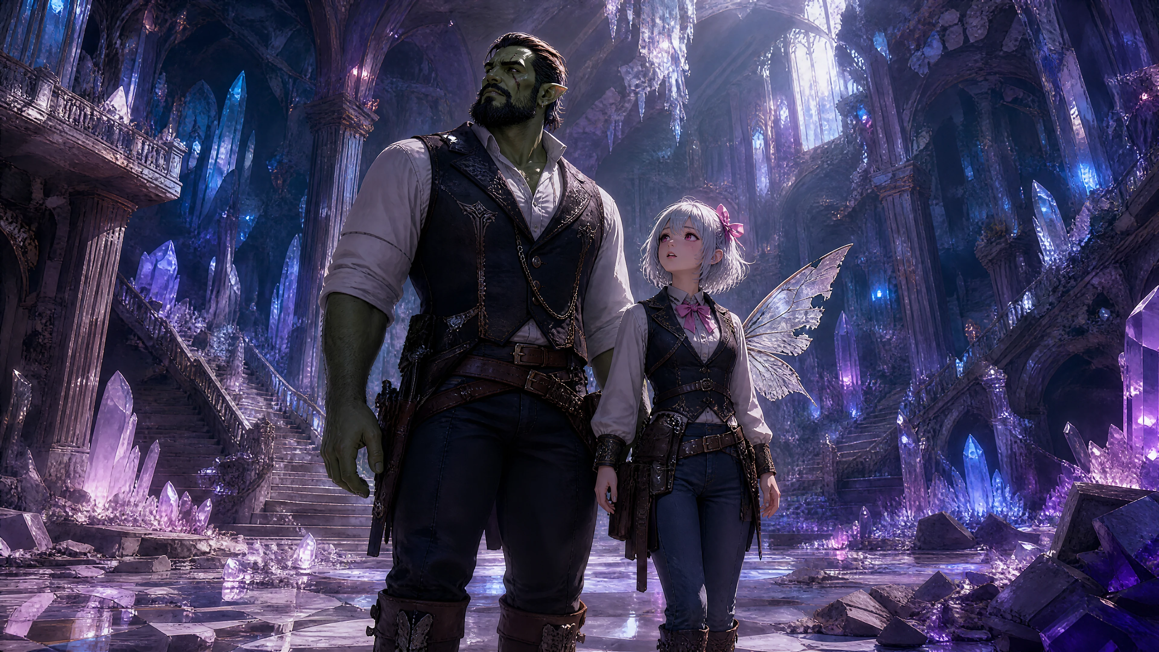 Fantasy-Paar in leuchtender Kristallhöhlen-Hausinneneinrichtung
