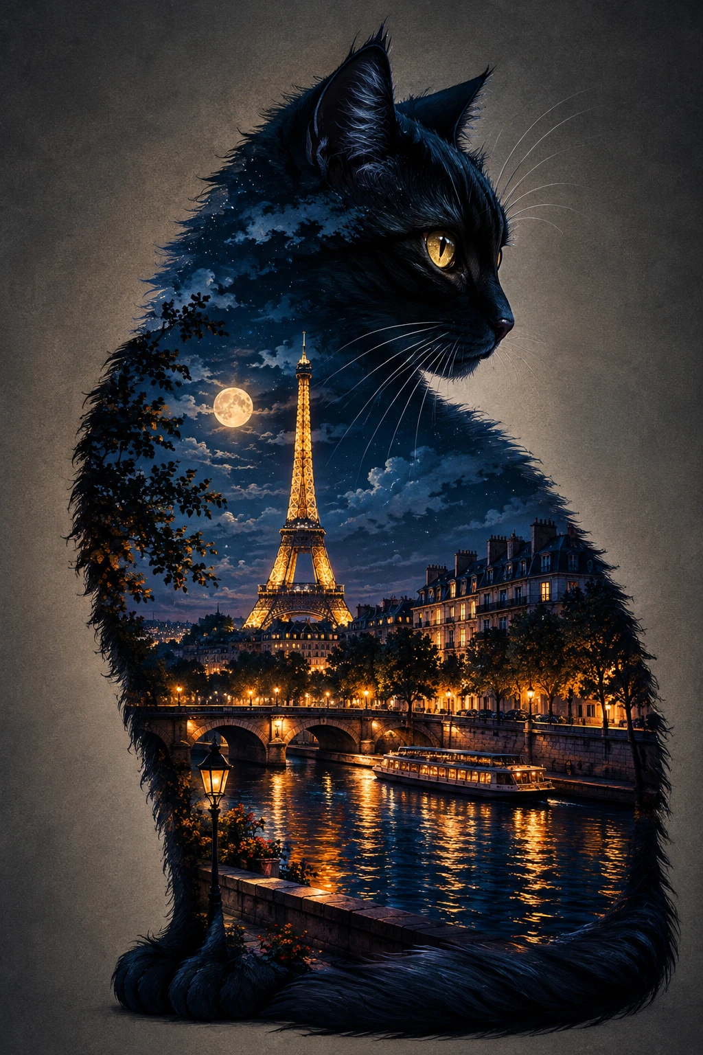 Horizonte urbano de Paris brilhando dentro de uma moldura preta à noite