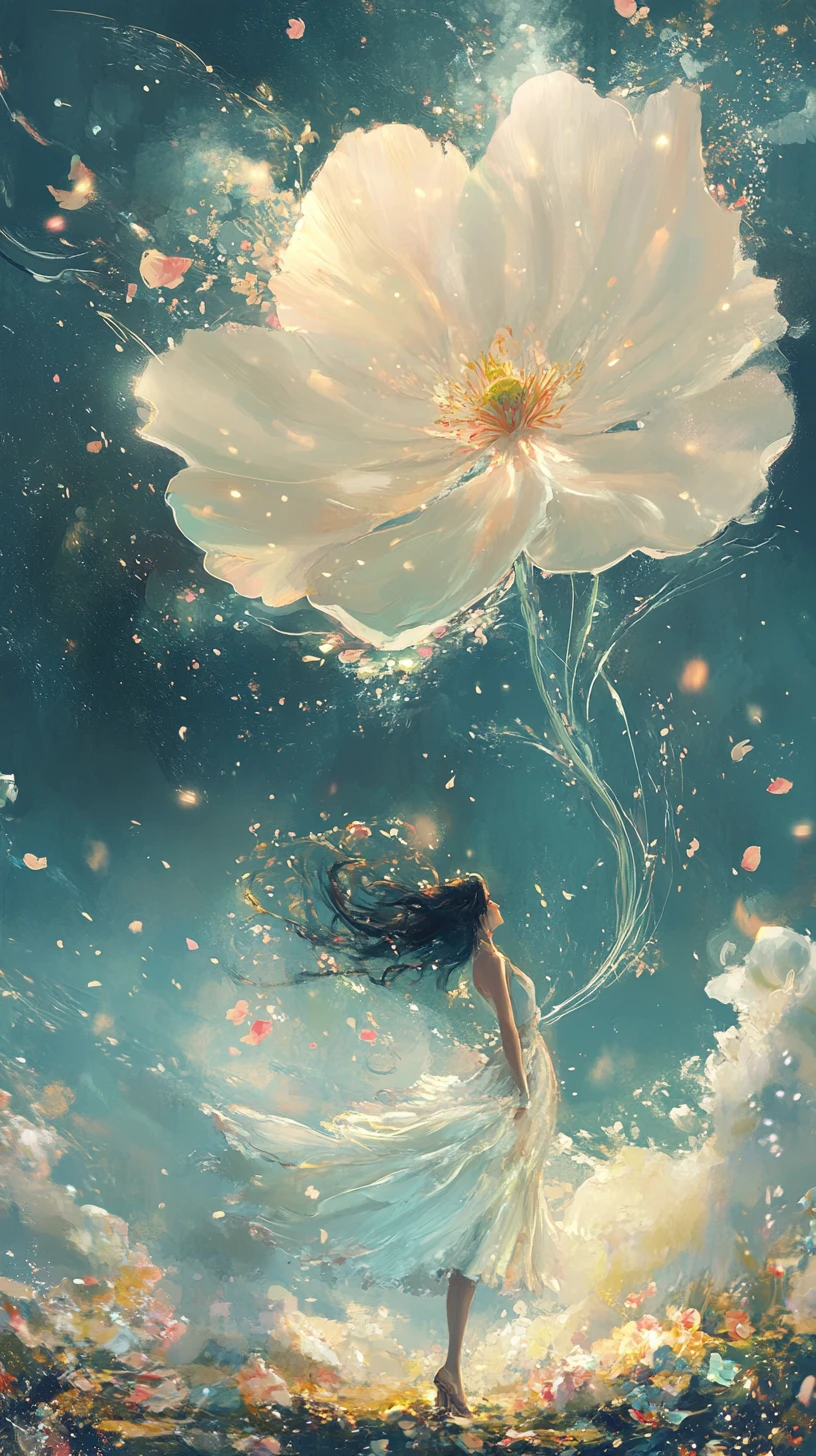 在發光奇幻景致中起舞的喜悅女子