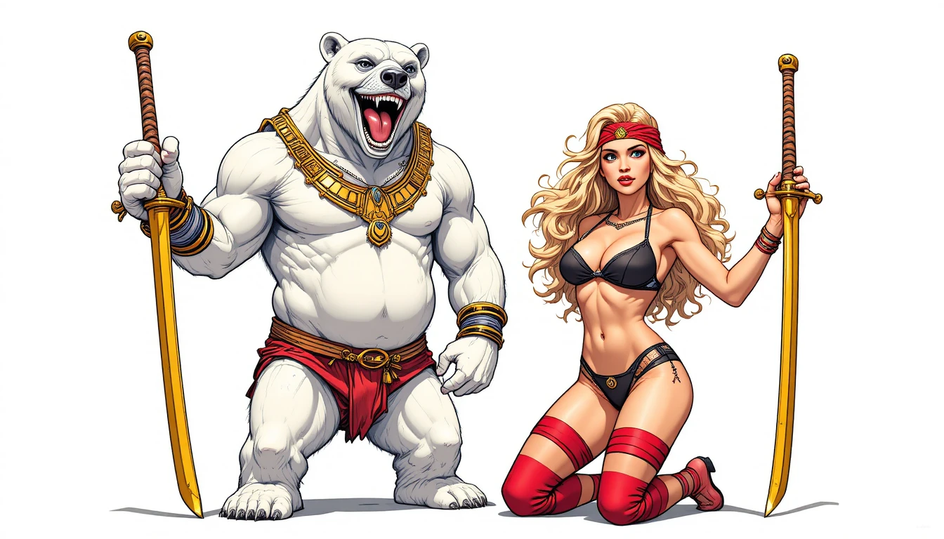 Ours polaire anthropomorphe et guerrière blonde avec des épées
