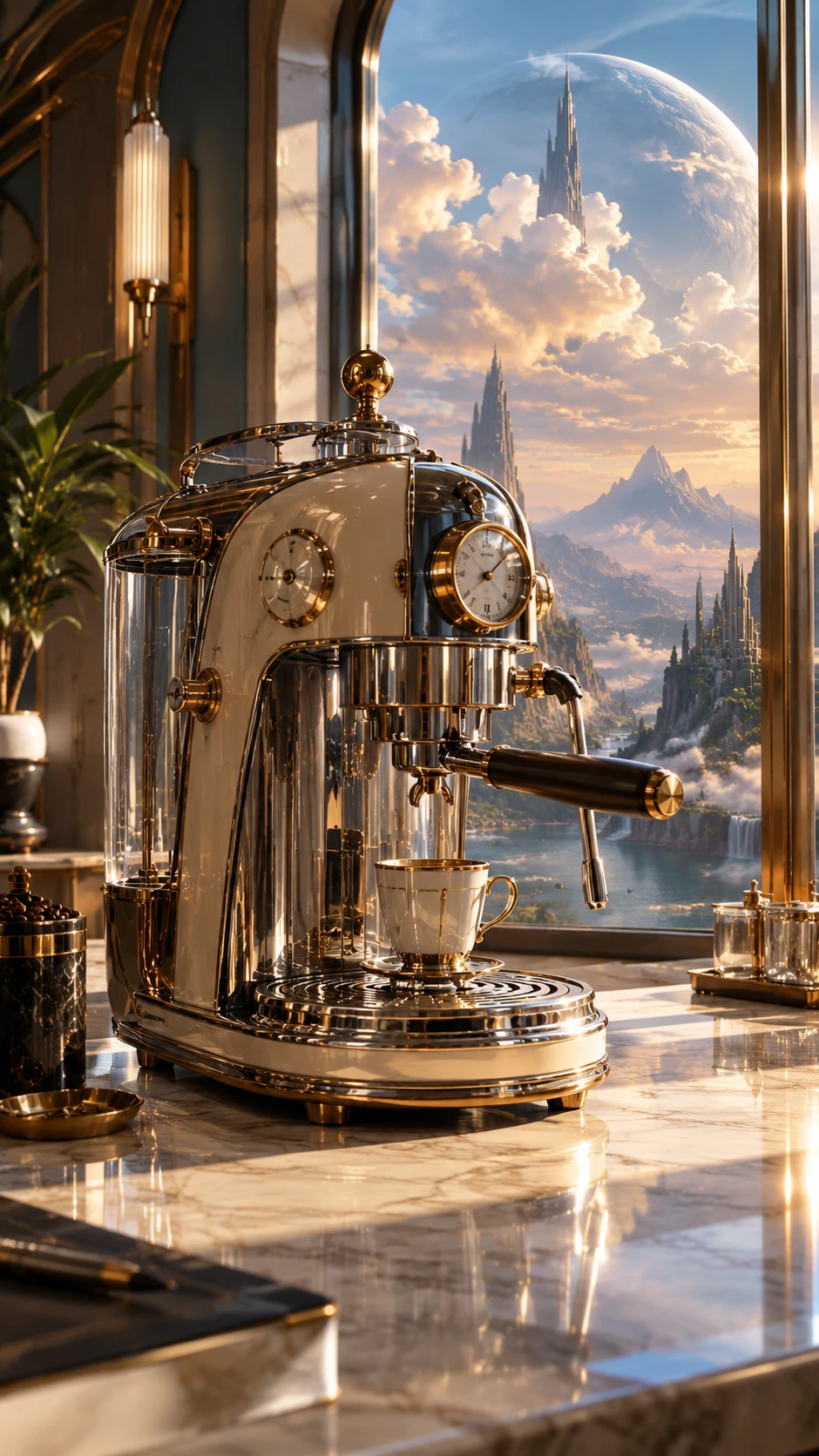 Máquina de café retrofuturista em laboratório art déco